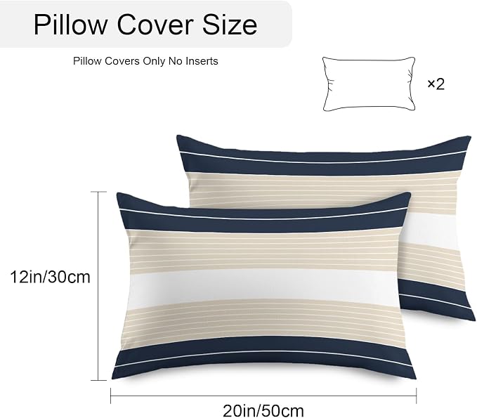 Navy Blue Beige Stripe Outdoor Pillow Covers Waterproof, All Weather Cushion Case Set of 2, Modern Art Horizontal Striped Lumbar Pillowcase for Sofa Couch Bed Decor Patio Furniture 20"x12"