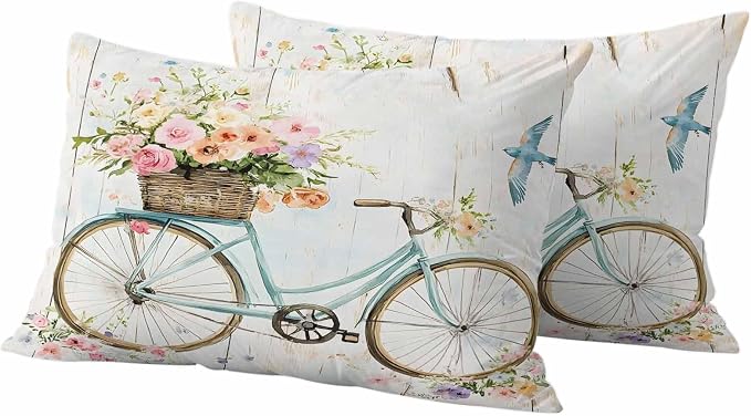 Teamery Outdoor Waterproof Pillow Covers Pastoral Blossom Blue Bike Throw Cushion Case, Vintage Wooden Plank Pillowcase for Bed,Sofa,Couch, Patio Furniture,20x12in, 2Pack Decorative Pillows Protector