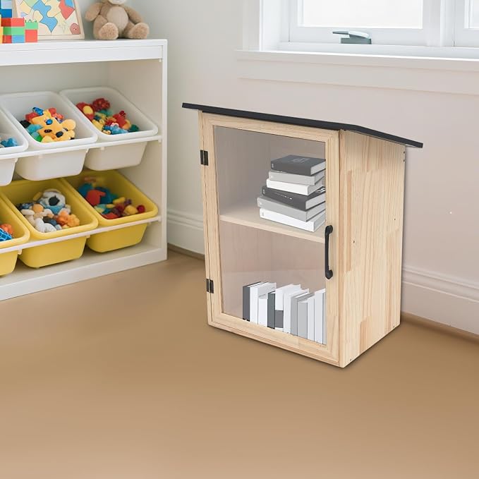 Little Outdoor Library Box, 2-Tier Waterproof Free Library Wooden Cabinet, 15.7 x 11 x 22.4 Inch Small Storage Box for DIY, Neighbourhoods, Communities and Kids to Share Books, Magazines, Artworks
