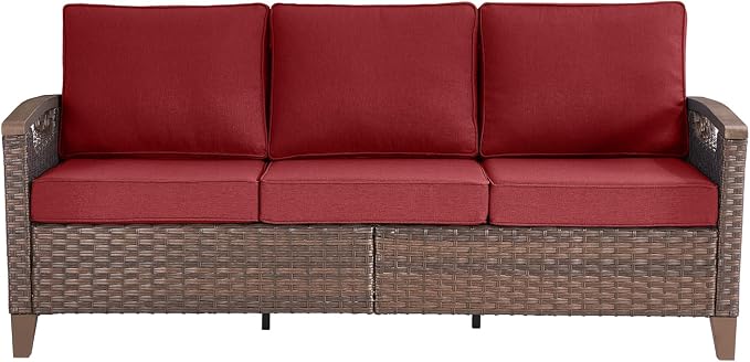 Rilyson Luxury Wicker Outdoor Couch Patio Sofa, 3 Seater Rattan Patio Couch Water Resistant,Comfortable Cushions and Sturdy Metal Frame for Outside Porch Deck Backyard, Brown/Red