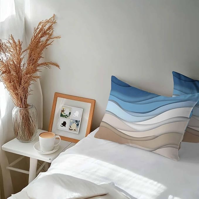 Modern Outdoor Pillow Covers Set of 2,Geometric Line Wave Striped Decorative Waterproof Throw Pillow Case,Minimalist Blue Brown Ombre Gradient Cushion Pillowcases for Couch Garden Patio,20x12In