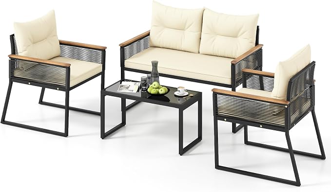 Tangkula 4 Pieces Patio Wicker Furniture Set, Heavy Duty Outdoor Cushioned Conversation Set with Tempered Glass Coffee Table, for Garden, Yard and Poolside (Off White,2)
