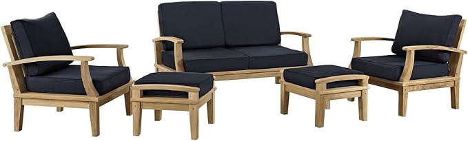 Modway Marina Premium Grade A Teak Wood 5-Piece Outdoor Patio Furniture Set in Natural Navy