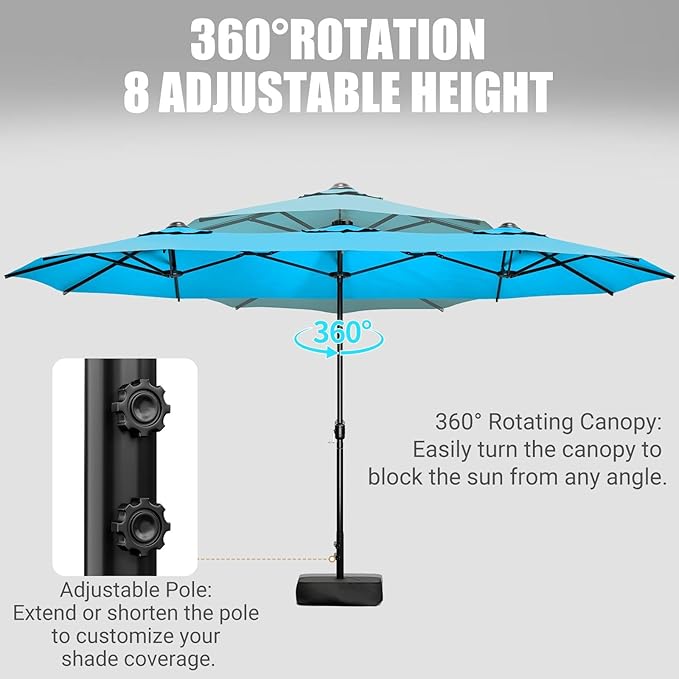 LEVELEVE 15FT Double-Sided Patio Umbrella with Base Included, Large Outdoor Rectangular Market Umbrella for Backyard, Poolside, Lawn & Garden,Lake-Blue