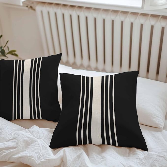 Outdoor Waterproof Pillows Cover Pack of 2 Modern Black Striped Burlap Texture Decorative Pillowcases with Zipper Cushion Case for Patio Tent Couch Garden 18 x 18 Inches