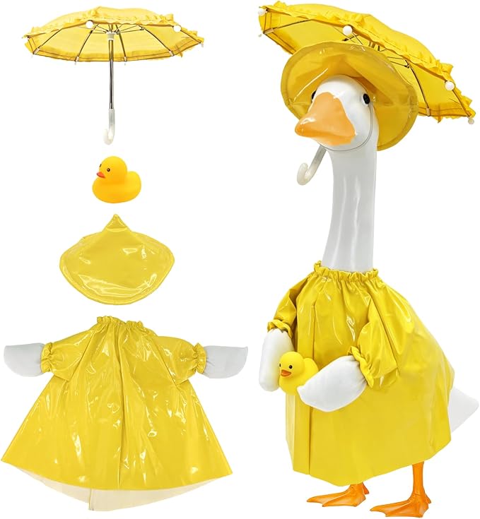 23 Inch Porch Goose Raincoat Outfit Set with Umbrella & Baby Duck Companion, Waterproof Geese Clothes for 19–23 Inch Goose and Duck Statues,Garden Yard Patio Outdoor Decor