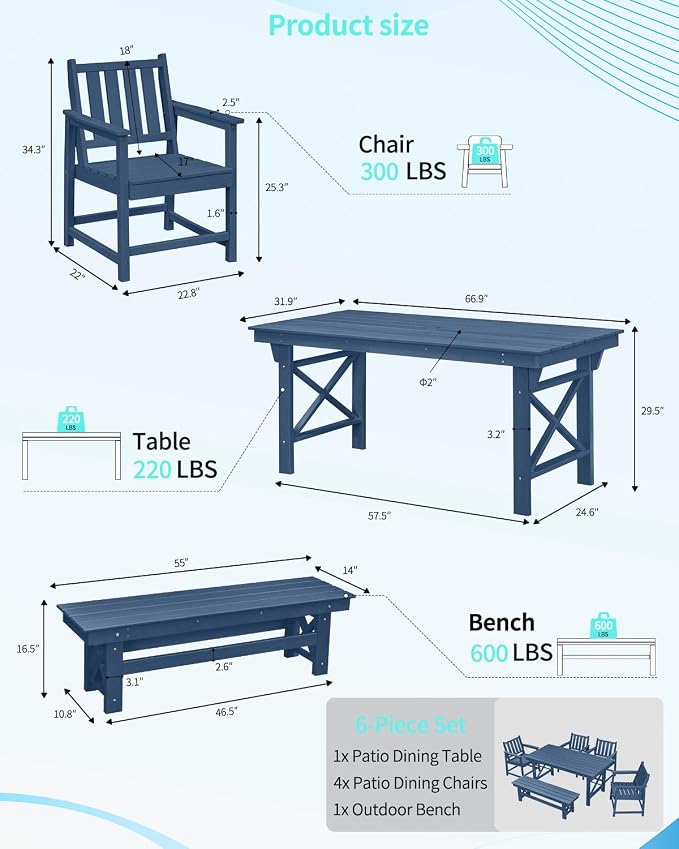 Outdoor Patio Dining Set for 6, HDPE Dining Furniture Set with Umbrella Hole Cut-Out Table and 4 Chairs and 1 Bench, All Weather Outdoor Dining Bench Sets for Garden, Deck, Navy Blue