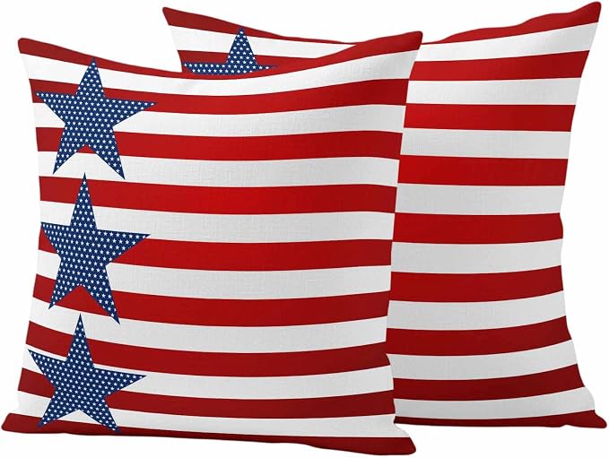 4th of July Outdoor Throw Pillows Covers 16x16 inch Set of 2 Waterproof Patriotic American Flag Zippered Cushion Covers for Patio Furniture, Red White and Blue Stars Stripes Lumbar Pillowcases