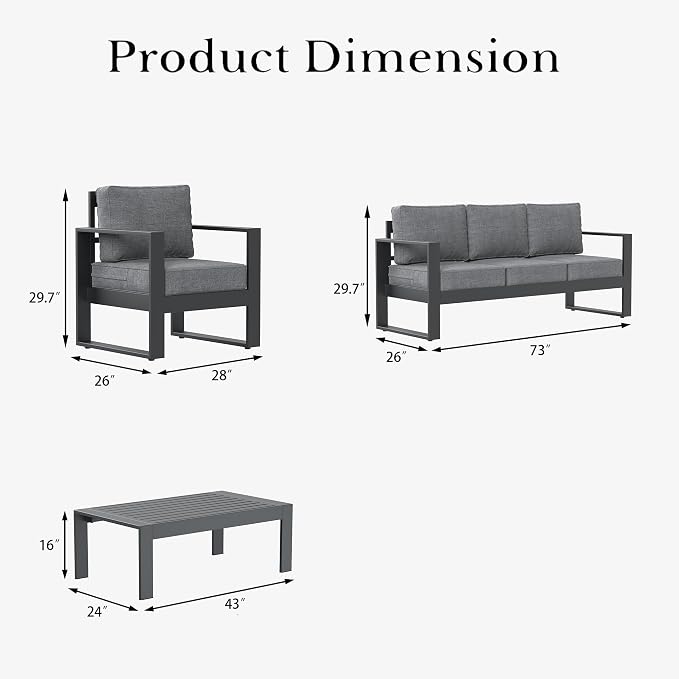 LayinSun 4 Pieces Aluminum Outdoor Patio Furniture Set, Metal Modern Conversation Sofa Set with Coffee Table and Washable Thick Cushions for Porch, Backyard, Deck