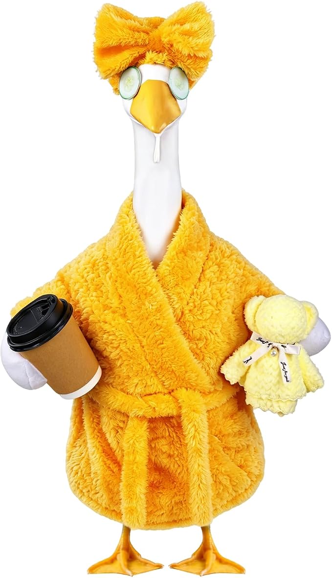 Celltestria Lady Goose Outfits for 23" Geese Yellow Bathrobe Porch Goose Costume Coffee Cup Bear Cucumber Eye Mask Goose Clothes for Outdoor Patio Yard Lawn Garden Decoration
