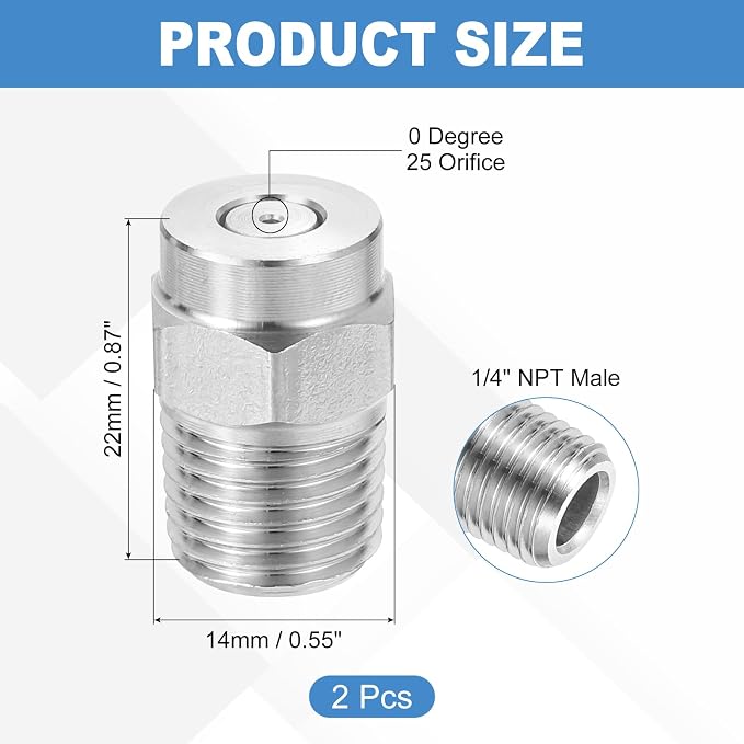 uxcell 2Pcs Pressure Washer Nozzle, Stainless Steel Thread Nozzles Tips, Universal Replacement for Undercarriage Cleaner Water Broom, 1/4 Inch NPT Male, 0 Degree 025 Orifice