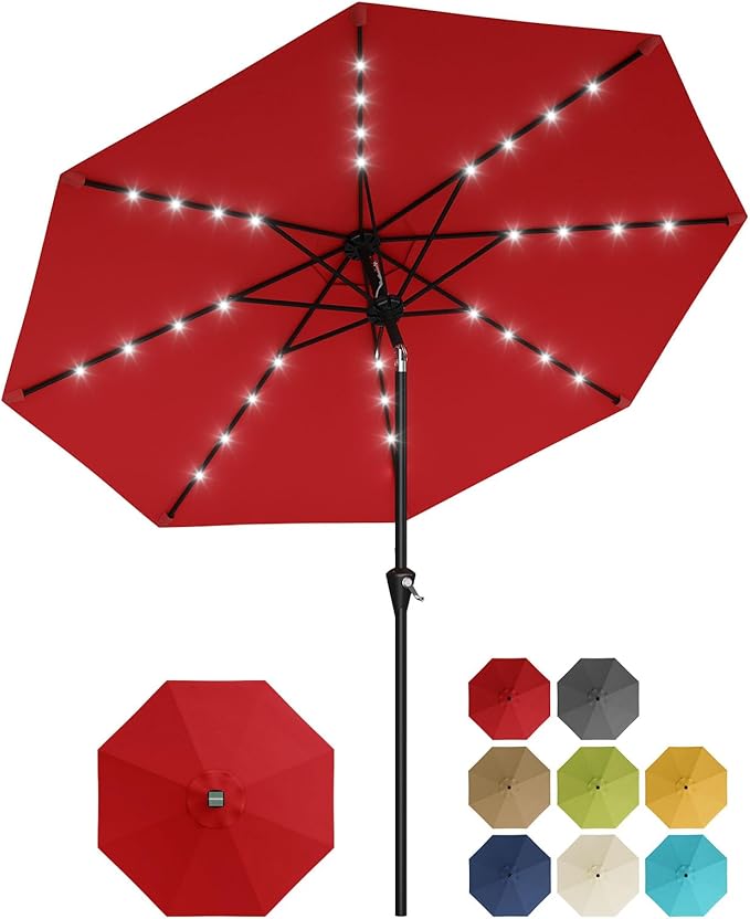 Garvee 9FT Solar Patio Umbrella with 32 LED Lights - Outdoor Table Umbrella with Crank Lift, Push Button Tilt and 8 Sturdy Ribs - Market Umbrella UV Protection for Pool, Deck, Yard, Garden -Red