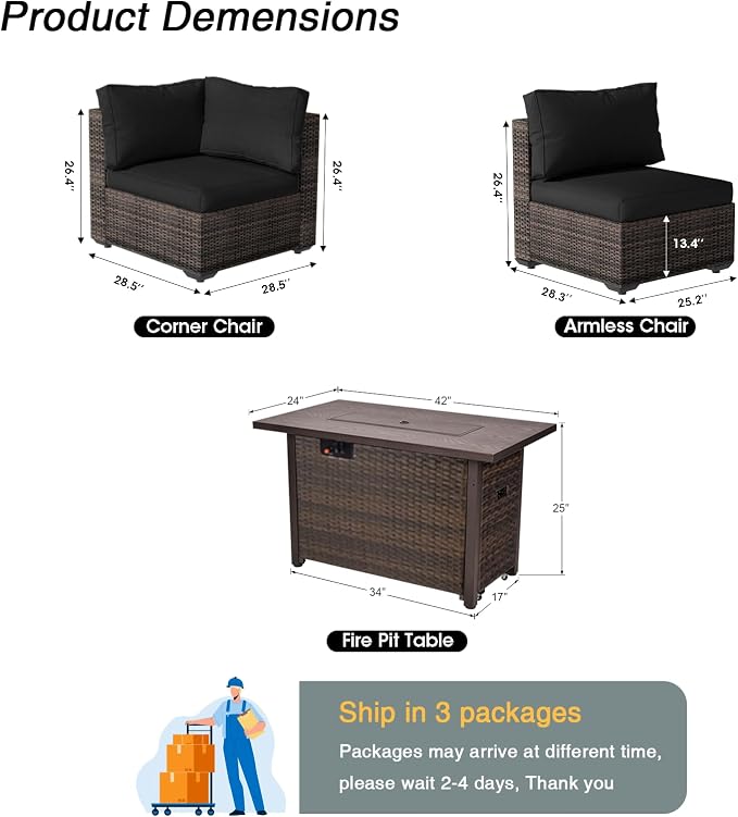 Patio Furniture Set 7 Pieces with 44" Fire Pit Table, Rattan Outdoor Sectional Conversation Sets, All Weather Outdoor Furniture Set with Cushions for Garden Lawn Balcony Porch Deck Black