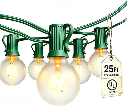 Abeja G40 Outdoor String Light, 25FT Frosted White Christmas String Lights with 27 Frosted White Bulbs, G40 Globe Patio String Lights for Backyard Porch Balcony Party Wedding Umbrella-5W Green Wire