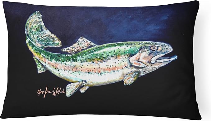 Caroline's Treasures MW1213PW1216 Deep Blue Rainbow Trout Canvas Fabric Decorative Pillow Machine Washable, Indoor Outdoor Decorative Pillow for Couch, Bed or Patio, 12HX16W