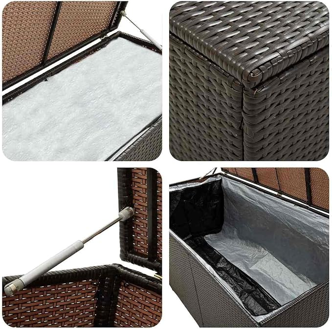 Brown PE Rattan Outdoor Storage Box 39.4x39.4x19.7 in, Gas Lift Lid, Patio Cushion & Tool Chest, Steel Frame, Weather-Resistant, Assembly