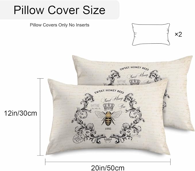 Sweet Honey Bees Outdoor Pillow Covers Pack of 2 Bees Farmhouse Retro Texture Waterproof Throw Pillow Covers Decorative Cushion Cases for Patio Garden Tent Balcony Couch 20x12 inch