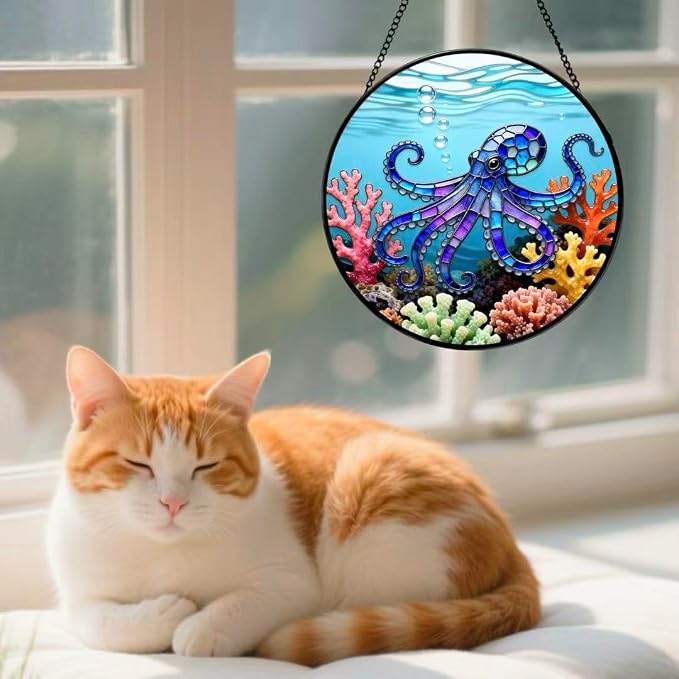 Stained Glass Window Hanging - The Blue Octopus is Foraging in The Coral 6.3 Inches Suncatcher for Garden Home Decor for Women Mom Grandma Friends