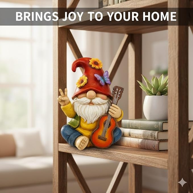GoGnome Peace Sign Garden Gnome Figurine Outdoor Statue, Funny Guitar Playing Dwarf Rock Music Decor - 6‘’ Resin Lawn Ornament, Unique Housewarming Gift for Music Lovers & Gardeners (Red)