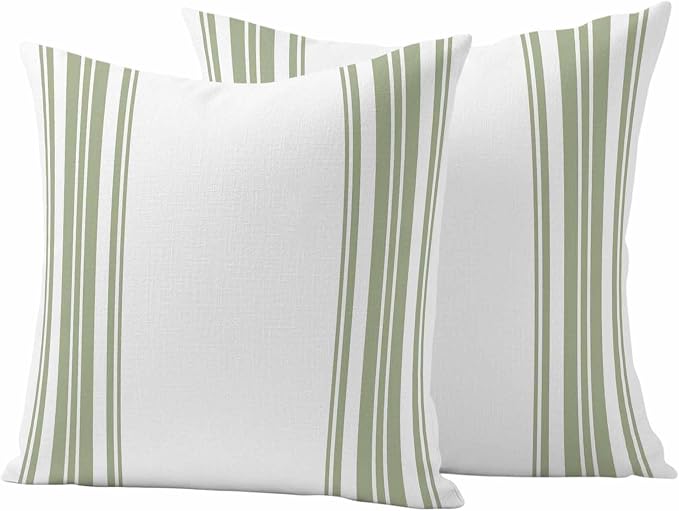 Outdoor Waterproof Throw Pillow Covers Set of 2 Sage Green Stripes Pillowcases 24x24 Inches White Vertical Striped Decorative Pillows Cushion Case Patio Pillows for Couch Bed Chair Garden