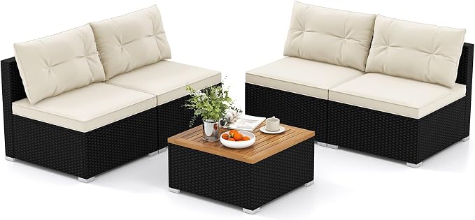 HAPPYGRILL 5 Pieces Patio Rattan Sofa Set, Outdoor Furniture Set with Seat & Back Cushions, Square Coffee Table with Acacia Wood Tabletop, Wicker Patio Conversation Set for Backyard, Poolside
