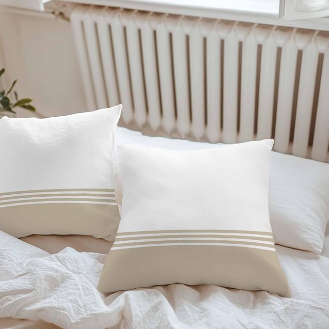 Throw Pillow Covers 16x16 Inch Set of 2, Beige White Striped Waterproof Outdoor Cushion Covers, Modern Abstract Art Aesthetics Decorative Pillowcases for Couch, Sofa, Bed, Garden, Patio