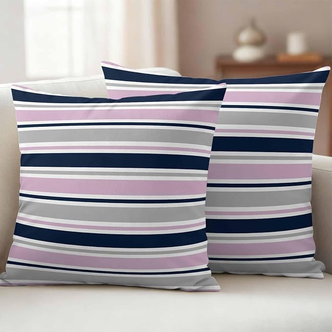 Outdoor Pillow Covers 16 x 16 Inches, Pink Grey Striped Waterproof Throw Pillow Cover Set of 2, Farmhouse Stripes Modern Abstract Art Decorative Square Cushion Covers for Patio/Couch/Garden