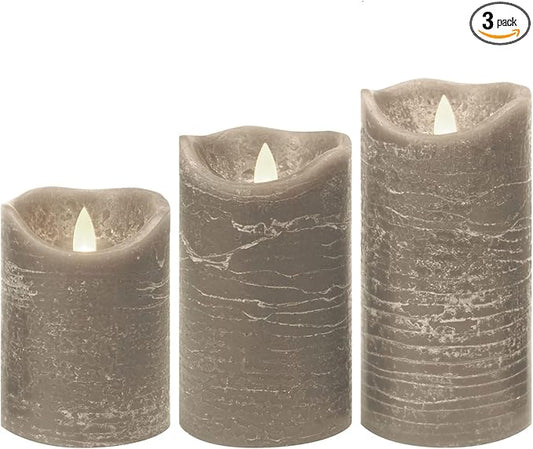 Candle Choice Battery Operated Flameless Candles with Timer Real Wax Realistic Flickering Electric LED Pillars Automatic Built-in Daily Cycle Timer 6-Hour on 18-Hour Off Set of 3 Rustic Texture Gray