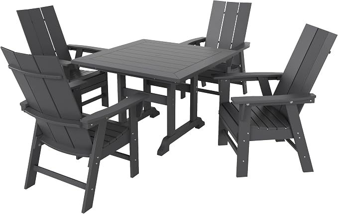 WestinTrends Ashore 5 Pieces Adirondack Patio Dining Set, All Weather Poly Lumber Slatted Modern Farmhouse Outdoor Furniture Set, 43" Trestle Square Table and 4 Adirondack Dining Chair, Gray