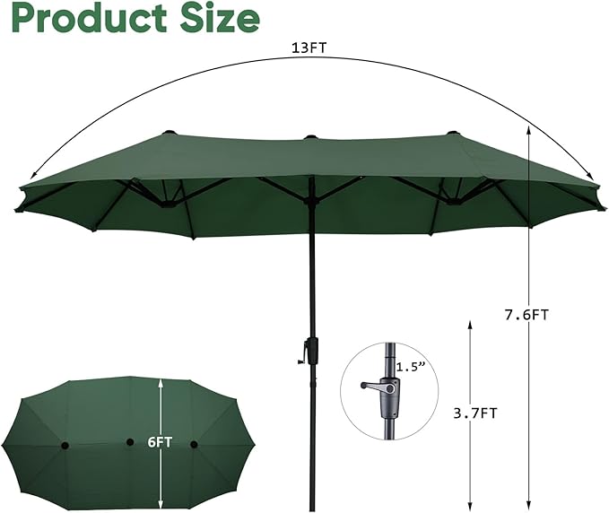 13Ft Large Patio Umbrella Outdoor Double-Sided Market Umbrella w/Easy Crank for Yard, Poolside, Deck, Green