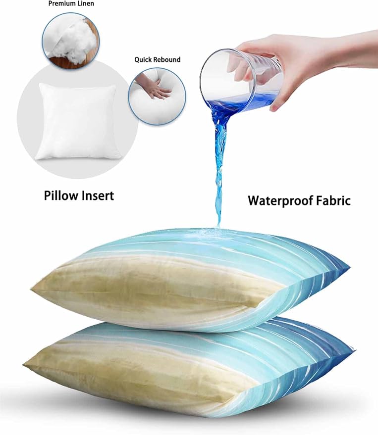 Set of 2 Outdoor Pillows Waterproof, Blue Beige Ombre Indoor/Outdoor Throw Pillows with Inserts, Coastal Nautical Summer Beach Wave Decorative Pillow for Patio Furniture Chairs Couch 18"x18"