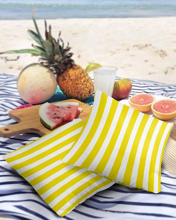 Outdoor Waterproof Throw Pillow Covers 24x24in, Striped Line Yellow Cushions for Garden Patio Furniture Chairs Set of 2, Geometric Texture Home Decor Couch Sofa Polyester Pillow Cases