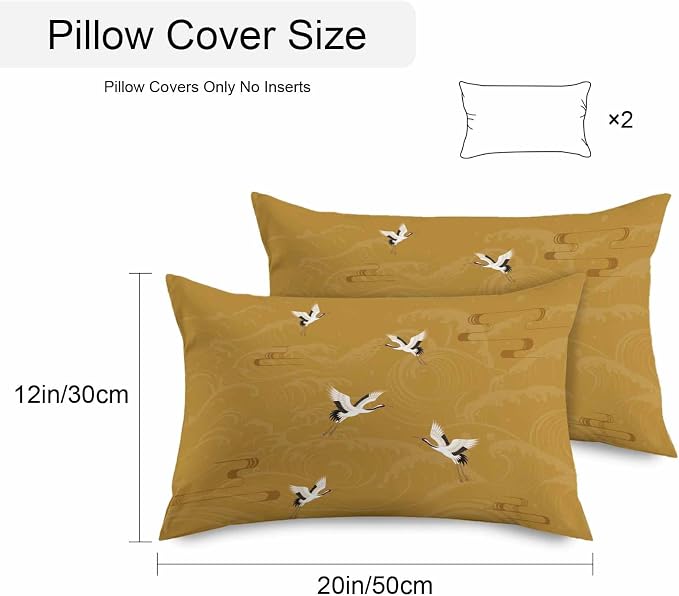 Japanese Style Outdoor Pillow Covers 20x12 Inch Lumbar Pillow Covers Set of 2 Waterproof Decorative Throw Pillow Cases Vintage Art Cranes Ocean Wave Yellow Cushion Covers for Patio Furniture Garden