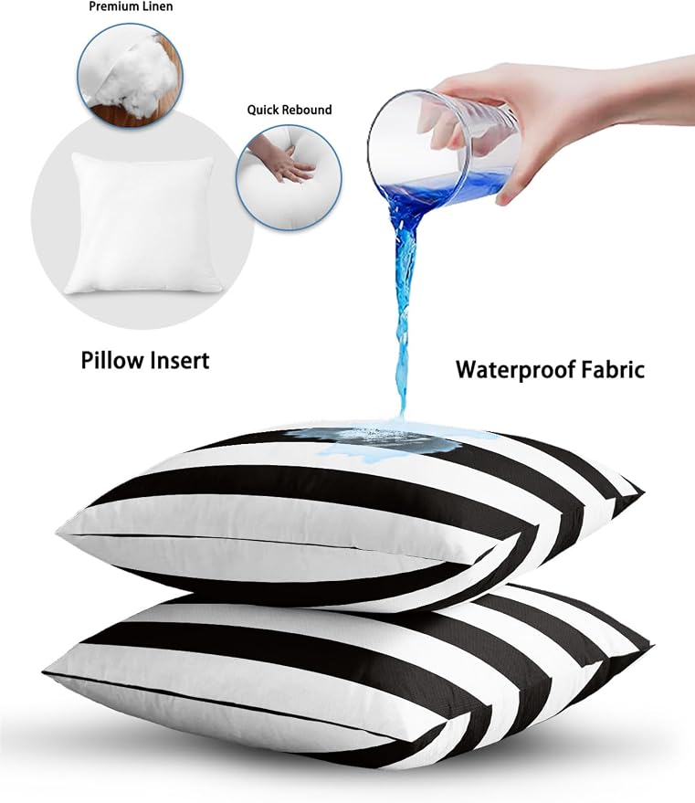 Waterproof Outdoor Pillow Set of 2 Black White Stripe Decorative Throw Pillows Cover & Insert 18x18 Inch Pillowcase Simple Style Striped Pillows for Couch Sofa Bed Patio Furniture Indoor Outdoor