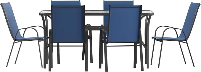 EMMA + OLIVER Bartlett 7-Piece Outdoor Dining Set, Patio Table with Tempered Glass Top and Umbrella Hole, 6 Flex Comfort Textilene Stack Chairs, 60", Navy/Black