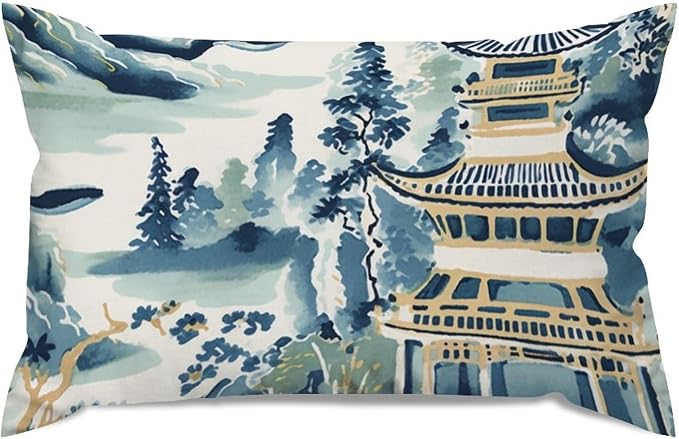 Lumbar Pillow Cases Blue and White Chinoiserie Pagoda Asian Cushion Cases Modern Ming Rain Chinoiserie Pillow Cover Accent Outdoor Garden for Sofa Couch Bed Indoor Decor 16x26in