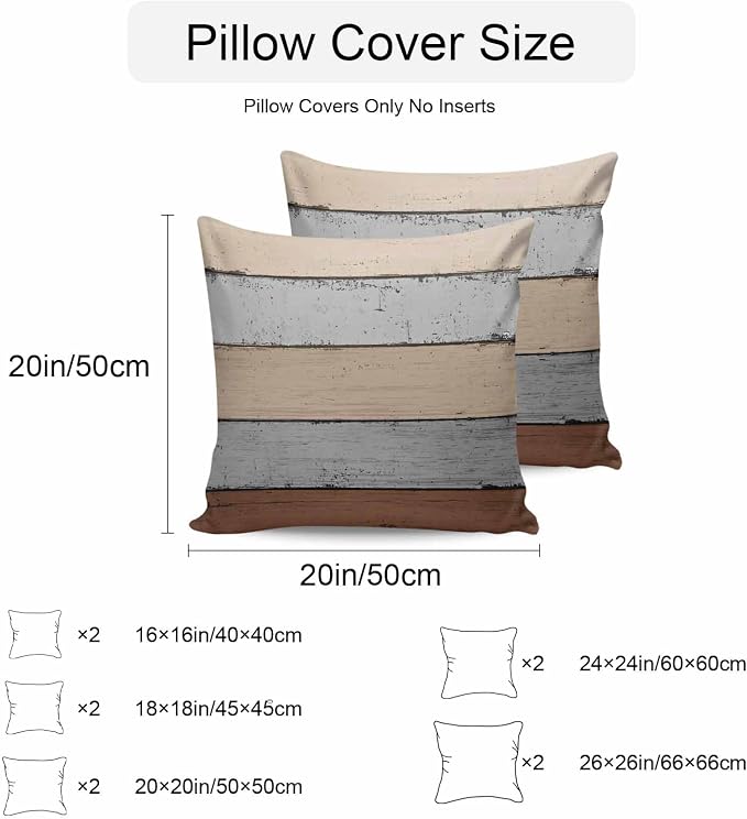 Outdoor Throw Pillow Covers 18X18 Set of 2 Waterproof Ombre Ground Color Brown Grey Decorative Zippered Cushion Covers for Patio Furniture,Lumbar Pillowcases Farmhouse Retro Rustic Barn Wood Texture
