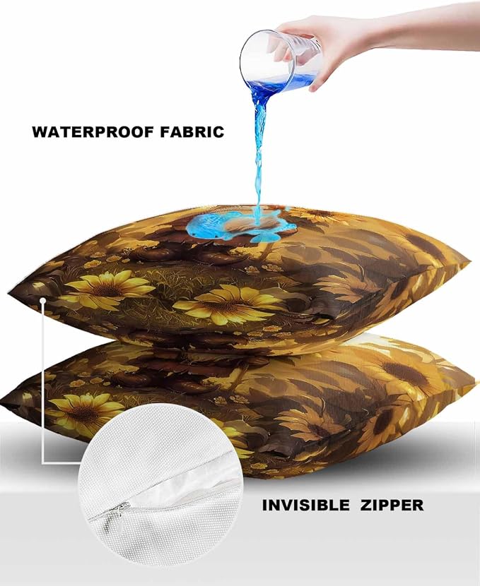 Outdoor Waterproof Throw Pillow Covers 24x24in, Vintage Gnome Sunflowers Cushions for Garden Patio Furniture Chairs Set of 2, Fall Thanksgiving Home Decor Couch Sofa Polyester Pillow Cases