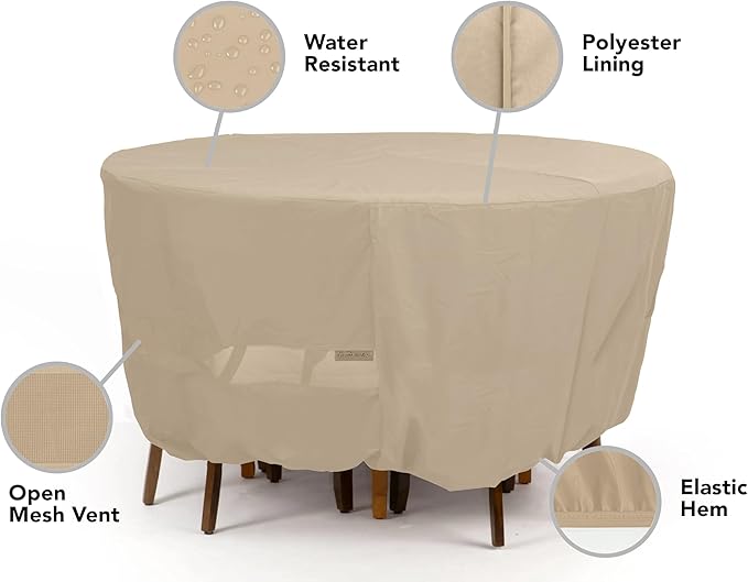 Covermates Classic Round Patio Dining Table and Chair Set Cover – All-Weather Outdoor Furniture Protection, Water-Resistant Vinyl, Elastic Hem, Mesh Vents, 60DIAMETER x 30H, Classic Tan