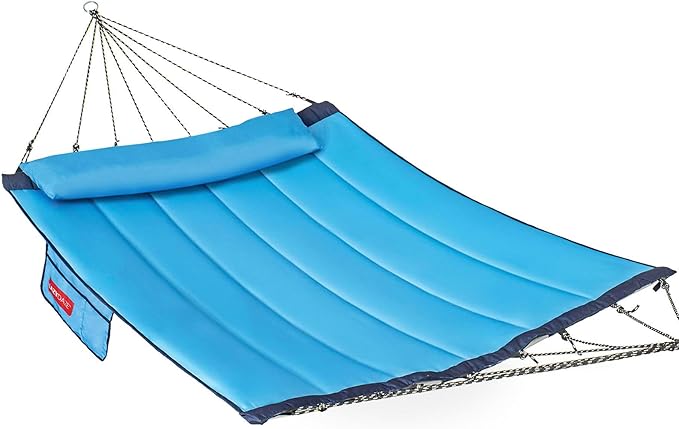Lazy Daze Hammocks 12 FT Quilted Fabric Hammock with Curved Aluminium Spreader Bar, Double Hammock for Outside with Soft Pillow & Side Pocket 450 Lbs Capacity, Lake Blue