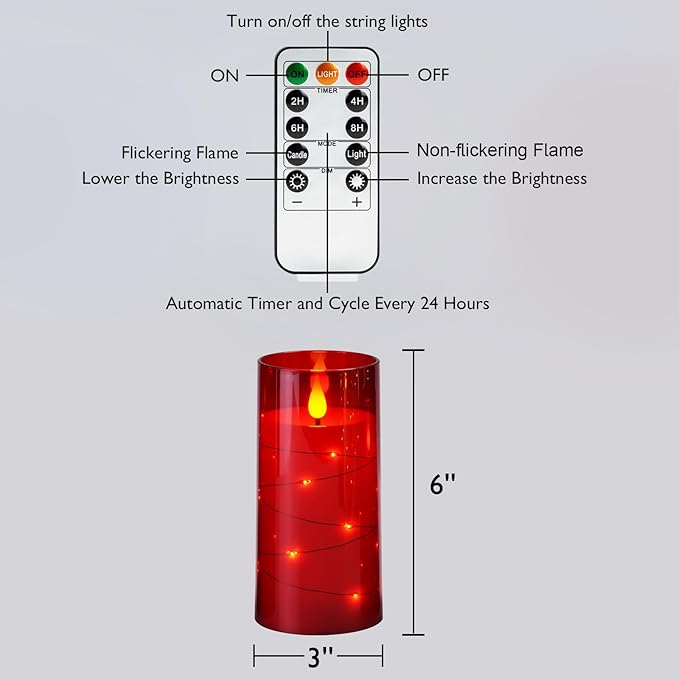 Homemory Flameless Candles with Embedded Star String Fairy Lights, Battery Operated Candles, LED Candle, Fake Candles with Remote Control and Timer, Red, Set of 2(H 6" 6")