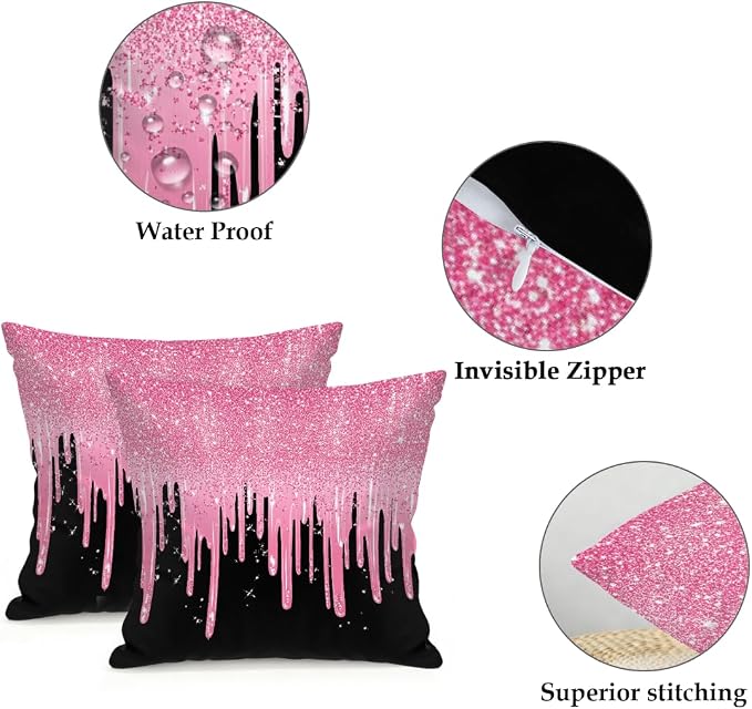 22x22 Inch Outdoor Pillow Covers Set of 2 Waterproof Throw Pillow Covers Decorative Couch Cushion Covers Pink Glitter Flow Square Pillowcases Protectors for Patio Garden Sofa