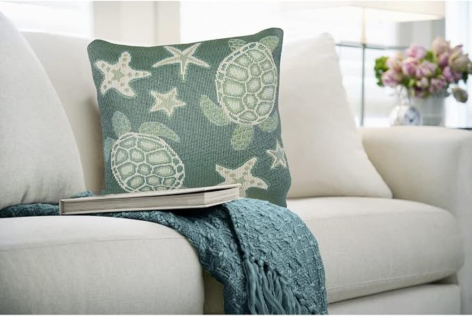 Liora Manne MARINA Indoor/Outdoor Power Loomed Easy Care Pillow - Transitional Geometric Coastal Beach Colorful (Turtle And Stars Aqua) (18" x 18")