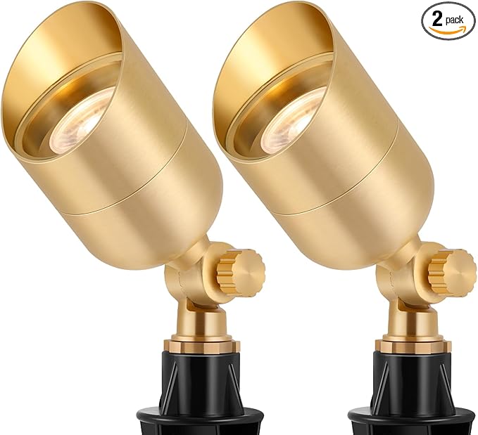 Gardencoin Solid Brass Outdoor Landscape Spotlights, 12V LED Low Voltage Wired Waterproof Landscape Lighting, Accent Lights for Yard, Tree, Wall, Gold Up Lighting Fixture Without MR16 Bulb(2 Pack)