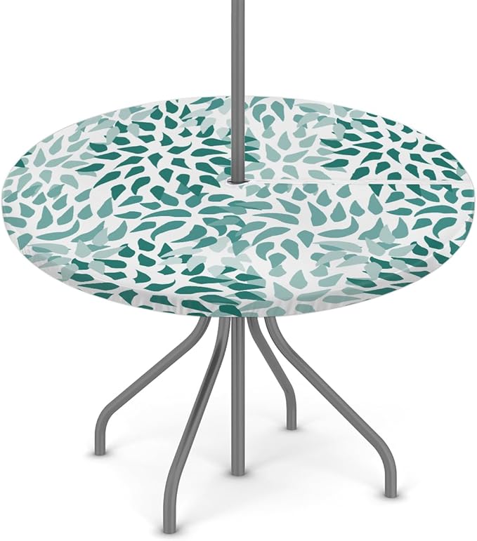 Fitted Round Tablecloth with Umbrella Hole and Zipper Abstract Nature Outdoor Elastic Table Cloth 36"-44" Oil-Proof Waterproof Green Nature Patio Table Cover for Picnic Party