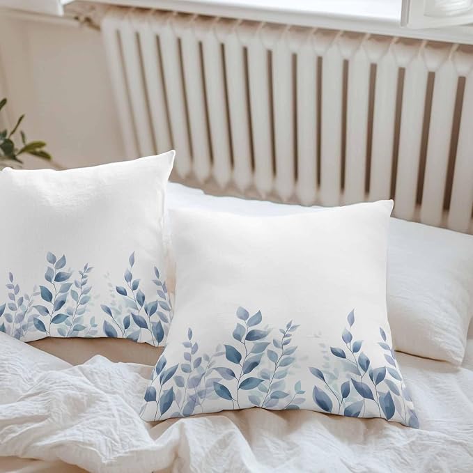 Blue Botanical Outdoor Waterproof Throw Pillow Covers 26x26 Set of 2, Pastoral Leaf Watercolor Decorative Pillowcases Cushion Pillowcase for Couch Sofa Patio Outside Pillow Protector