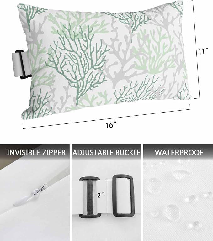 Sage Grey Coral Outdoor Beach Chair Pillow Headrest for Chaise Lounge Chair, Recliner Head Pillow Waterproof Pillowcases with Elastic Band & Pillow Inserts 11x16 Summer Green Ombre Nautical Ocean Sea