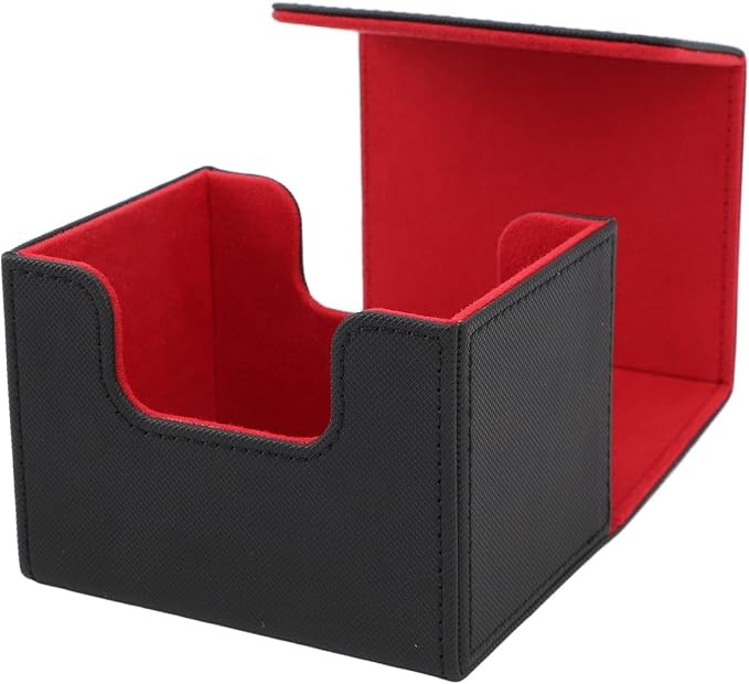 Qiilu Magnetic Closure Card Deck Box with Magnetic Flap Lid, Large Capacity PU Leather Storage Box/Cover for Game and Tarot Cards, Strong Magnet Closure Cases (Black Red)