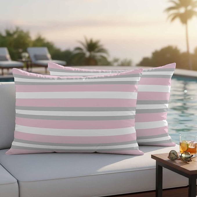 Lumbar Pillow Covers 20x12 Inch Set of 2, Pink Grey Stripe Waterproof Outdoor Pillow Covers, Minimalist Farmhouse Striped Decorative Cushion Pillowcases for Couch, Sofa, Bed, Garden, Patio