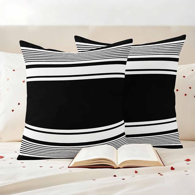 Outdoor Waterproof Throw Pillow Covers, Black Striped Decorative Pillow Cases, Modern Color Block Farmhouse Stripes Couch Pillow Protector Patio Sofa Cushion Covers Replacement 26"x26" 2 Pack